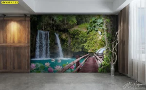 วอลเปเปอร์ภาพน้ำตกเรียกทรัพย์ลายน้ำตกคู่กลางป่าพร้อมสะพานไม้และดอกบัวช่วยเสริมฮวงจุ้ยความร่มเย็นและดึงดูดโชคลาภตกแต่งผนังห้องให้ดูมีมิติสวยงาม