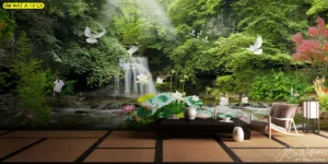 ภาพน้ำตกแต่งบ้านสไตล์มินิมอลญี่ปุ่นพร้อมดอกบัวขาวสัญลักษณ์แห่งความบริสุทธิ์ช่วยเพิ่มสมาธิและความสงบในห้องทำงานหรือห้องพระ