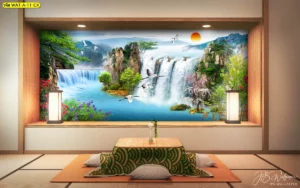 วอลเปเปอร์มงคลภาพน้ำตกขนาดใหญ่ไร้รอยต่อลายภูเขาและพระอาทิตย์ขึ้นช่วยเสริมอำนาจบารมีและความรุ่งเรืองในธุรกิจการค้า