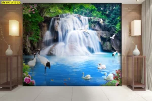 ภาพวิวน้ำตกสีฟ้าสดใสพร้อมฝูงนกมงคลช่วยสร้างความรู้สึกสดชื่นและโปร่งสบายเหมาะสำหรับตกแต่งผนังห้องนอนเพื่อการพักผ่อนที่สมบูรณ์