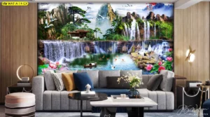 วอลเปเปอร์มงคลภาพน้ำตกสไตล์จีนร่วมสมัยแสดงวิถีชีวิตที่มั่งคั่งและสงบสุขช่วยยกระดับการตกแต่งภายในบ้านให้ดูหรูหรามีระดับ