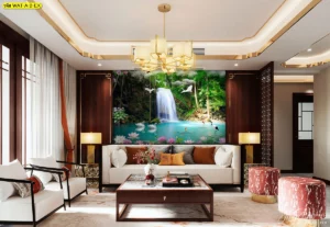 วอลเปเปอร์น้ำตกเสริมดวงห้องรับแขกสไตล์ลักชูรีแต่งขอบไม้สีเข้มช่วยยกระดับความหรูหราและส่งเสริมความสำเร็จในหน้าที่การงาน