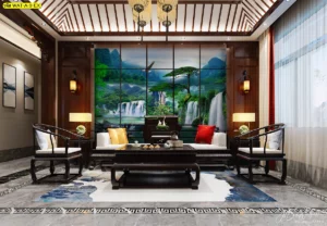 สติ๊กเกอร์ 3M ติดกระจกภาพน้ำตกฮวงจุ้ยลายเส้นจีนโบราณในห้องน้ำชาช่วยสร้างสมาธิและความสงบสุขให้แก่ผู้ที่อยู่อาศัยภายใน