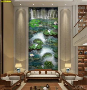 วอลเปเปอร์ภาพวิวน้ำตกขนาดใหญ่ติดผนังโถงสูงแบบ Double Volume ช่วยเสริมความสง่างามและพละกำลังในการดำเนินธุรกิจให้เติบโต