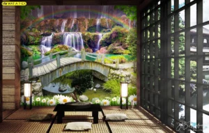 วอลเปเปอร์มงคลภาพน้ำตกสไตล์เซนพร้อมสะพานไม้และสายรุ้งช่วยปรับสมดุลพลังงานภายในบ้านให้มีความสงบสุขและร่มเย็นเป็นสุข