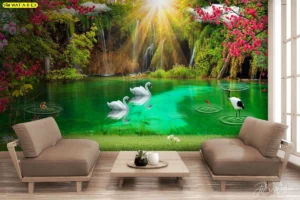 ภาพวิวน้ำตกและหงส์คู่มงคลตกแต่งห้องนั่งเล่นช่วยเสริมดวงความรักและความสัมพันธ์ในครอบครัวให้มีความราบรื่นและยั่งยืนตลอดไป