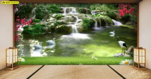 วอลเปเปอร์สั่งพิมพ์ตามขนาดลายน้ำตกและนกกระเรียนมงคลบนพื้นหญ้าเขียวชอุ่มช่วยส่งเสริมสุขภาพให้แข็งแรงและมีอายุที่ยืนยาว