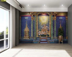 ตัวอย่างการตกแต่งภายในห้องพระสไตล์โมเดิร์นคลาสสิกด้วยวอลเปเปอร์ภาพวาดลายรามเกียรติ์สั่งพิมพ์ตามขนาดพื้นที่ผนังจริง