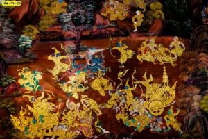 ภาพจิตรกรรมลายรามเกียรติ์ฉากกองทัพวานรและยักษ์รบกันอย่างดุเดือดบนรถศึกสีทองอร่ามเพื่อใช้ตกแต่งผนังห้องพระ