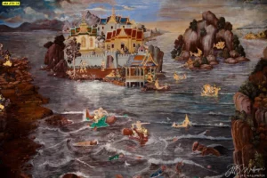 วอลเปเปอร์ลายไทยประเพณีเรื่องรามเกียรติ์ฉากปลาอานนท์หนุนโลกท่ามกลางมหาสมุทรสีสวยงามเหมาะสำหรับงานตกแต่งผนังภายใน