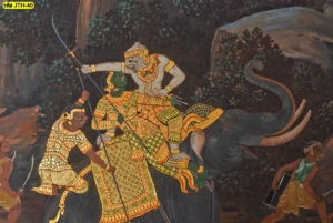 วอลเปเปอร์ภาพวาดลายไทยงานสั่งพิมพ์ลายพญาวานรต่อสู้กับยักษ์บนหลังช้างเอราวัณเสริมอำนาจบารมีให้เจ้าของบ้าน