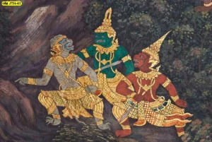 ภาพจิตรกรรมลายรามเกียรติ์ตัวละครลิงยักษ์และเทวดาพูดคุยกันท่ามกลางแมกไม้นานาพรรณในสไตล์ไทยโบราณที่สวยงาม