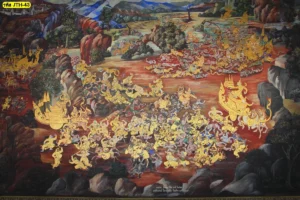 ภาพจิตรกรรมฝาผนังลายไทยฉากมหาสงครามรามเกียรติ์ยกรถศึกสีทองอร่ามสวยงามประณีตเหมาะสำหรับสั่งพิมพ์ตกแต่งผนังห้องพระเสริมบารมี