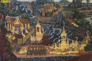 รูปภาพติดผนังห้องพระลายไทยสีทองประณีตขบวนรถศึกราชรถสีทองท่ามกลางกองทัพทหารในวรรณคดีเหมาะสำหรับผนังขนาดใหญ่