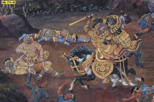 ภาพจิตรกรรมฝาผนังรามเกียรติ์แต่งห้องพระฉากตัวละครขี่ม้าออกรบด้วยความสง่างามช่วยเพิ่มความโดดเด่นให้กับภายในบ้าน