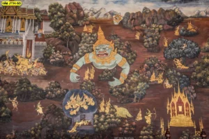 ภาพจิตรกรรมไทยลายรามเกียรติ์ฉากกองทัพยักษ์และลิงในป่าหิมพานต์ที่มีรายละเอียดเส้นสายประณีตช่วยสร้างบรรยากาศไทยย้อนยุค