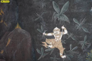 วอลเปเปอร์ภาพวาดลายหนุมานในป่าโทนสีเข้ม เหมาะสำหรับแต่งห้องพระห้องปฏิบัติธรรมให้ดูวิจิตรงดงามไม่ซ้ำใคร