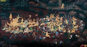 วอลเปเปอร์ภาพวาดลายไทยงานสั่งพิมพ์ฉากสงครามระหว่างยักษ์และลิงที่เต็มไปด้วยรายละเอียดลายเส้นกนกอันวิจิตรบรรจง