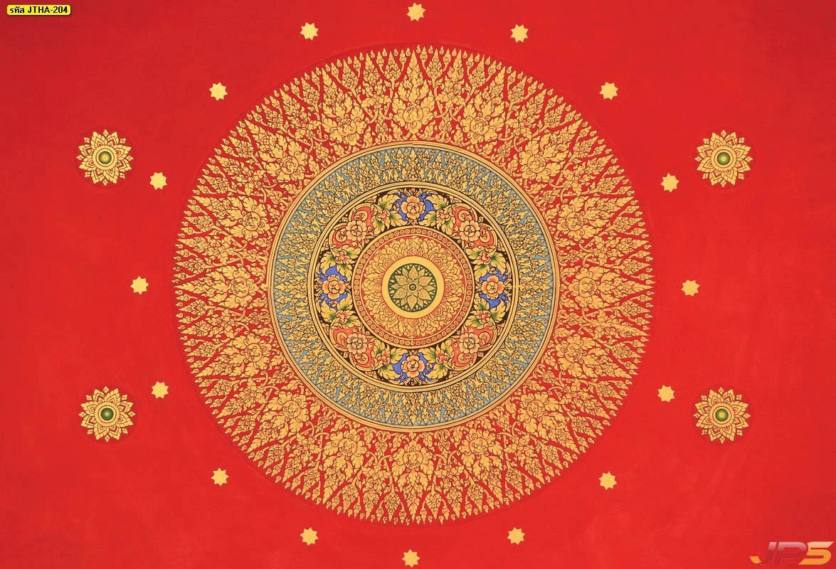 วอลเปเปอร์ลายดาวเพดานห้องพระแบบสั่งทำลวดลายไทยปิดทองวิจิตรประณีตสำหรับตกแต่งฝ้าหลุมในห้องพระให้ดูหรูหรา