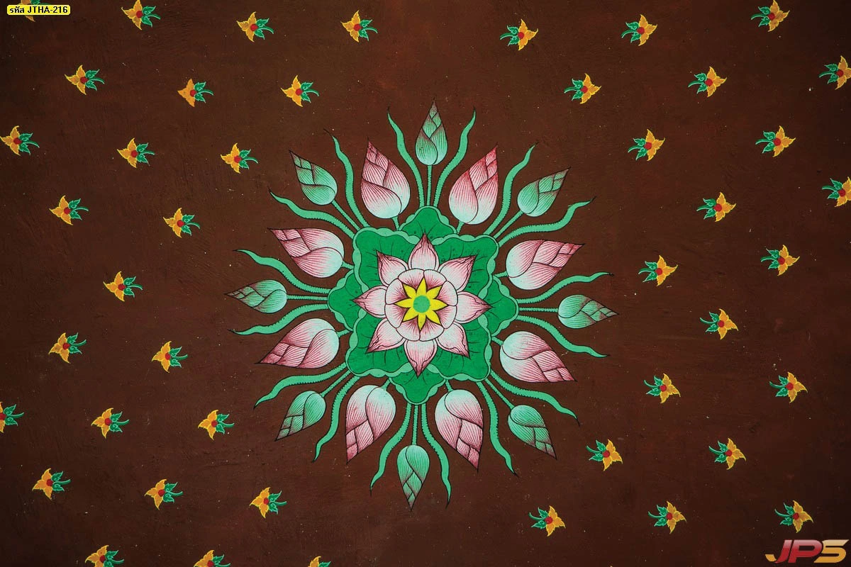 ภาพพิมพ์ลายไทยตกแต่งเพดานห้องพระรูปดอกบัวบานบนพื้นสีน้ำตาลสร้างความรู้สึกสงบและร่มเย็นภายในสถานปฏิบัติธรรม