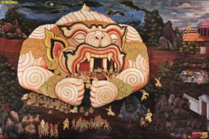 ภาพหนุมานหาวเป็นดาวเป็นเดือนจิตรกรรมฝาผนังลายไทยที่มีความประณีตงดงาม