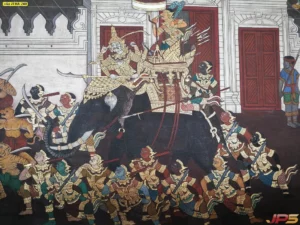 สติ๊กเกอร์ 3M ลายไทยติดกระจกห้องพระลายยักษ์ทรงเครื่องสีทองขี่ช้างศึกท่ามกลางเหล่าทัพวานรที่ดูสง่างามและน่าเกรงขาม