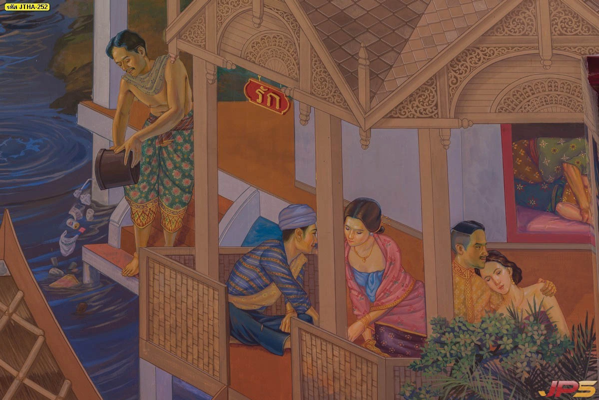 ภาพพิมพ์จิตรกรรมไทยกึ่งสมจริง ถ่ายทอดวิถีชีวิตริมน้ำและบ้านเรือนไทยโบราณที่มีความประณีตสวยงามเหมาะสำหรับตกแต่งผนังห้องพระ