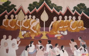 รูปติดผนังห้องพระลายไทยสไตล์ร่วมสมัย ภาพพระสงฆ์ประกอบศาสนพิธีที่ให้ความรู้สึกสงบและเปี่ยมด้วยพลังแห่งศรัทธาบนวัสดุเกรดพรีเมียม