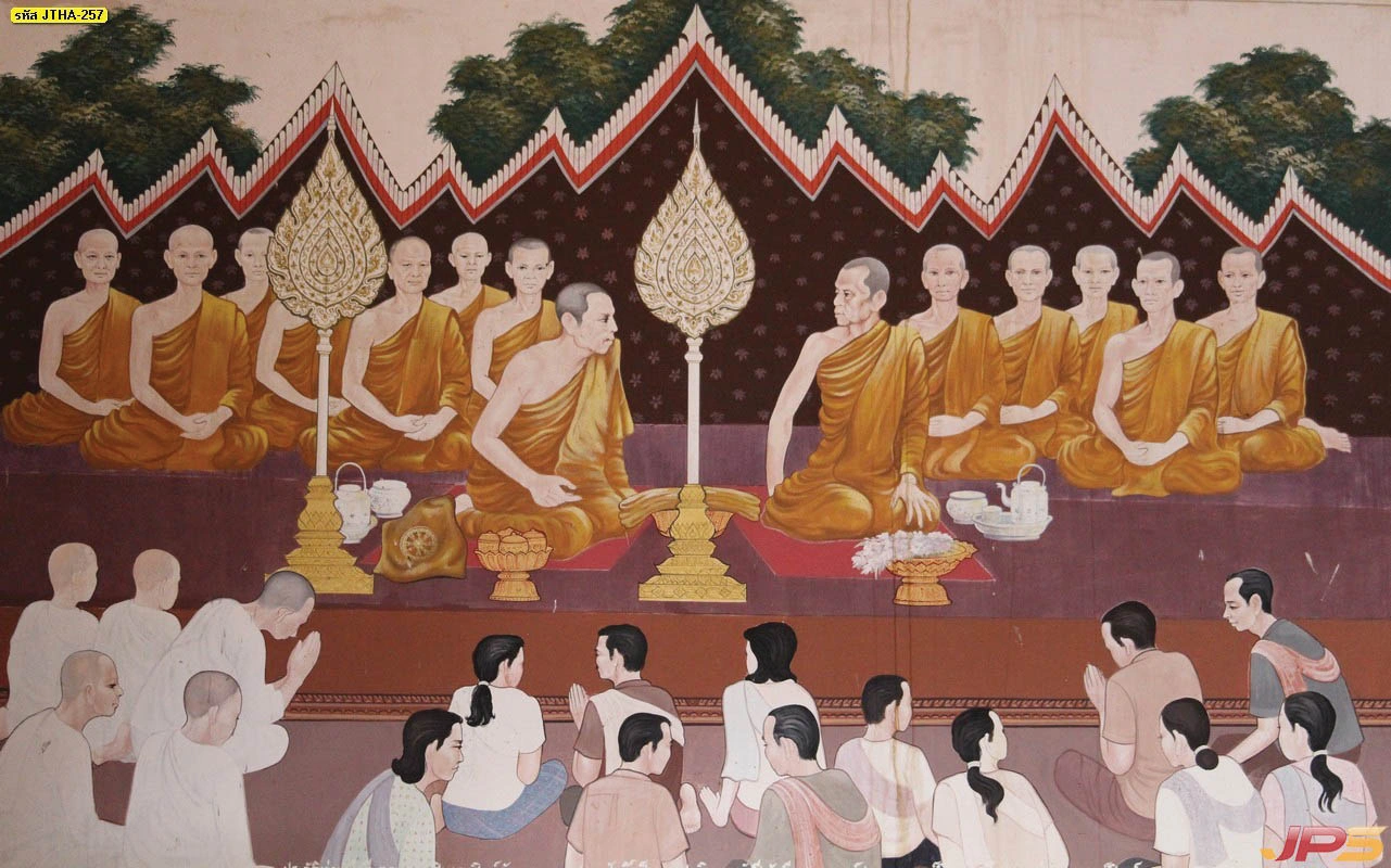 รูปติดผนังห้องพระลายไทยสไตล์ร่วมสมัย ภาพพระสงฆ์ประกอบศาสนพิธีที่ให้ความรู้สึกสงบและเปี่ยมด้วยพลังแห่งศรัทธาบนวัสดุเกรดพรีเมียม