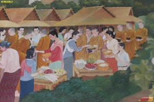 ภาพวาดวิถีชีวิตไทยโบราณและงานบุญกุศล การใส่บาตรตอนเช้าที่สะท้อนวัฒนธรรมไทยอันงดงามด้วยสีสันที่นุ่มนวลและรายละเอียดที่สมจริงมาก