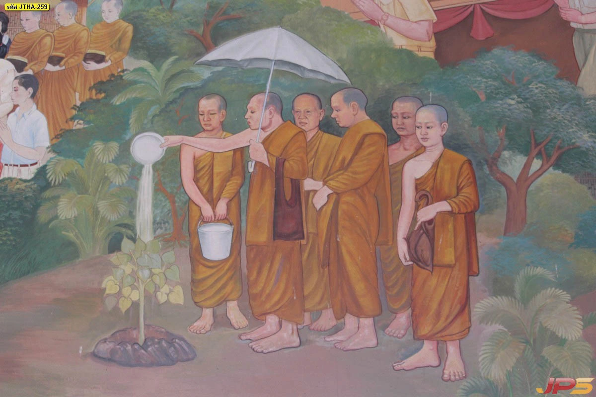 ภาพพิมพ์จิตรกรรมไทยกึ่งสมจริง แสดงภาพพระสงฆ์รดน้ำต้นโพธิ์ในสวนอันร่มรื่นสร้างแรงบันดาลใจในการทำความดีและการดูแลธรรมชาติรอบตัวเรา