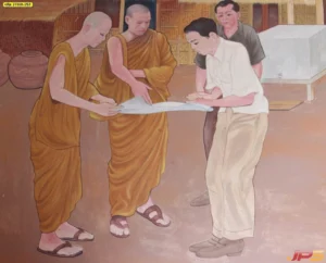 วอลเปเปอร์ภาพพิมพ์พุทธประวัติสั่งทำตามขนาด ภาพเหตุการณ์การร่วมแรงร่วมใจของพุทธบริษัทในการวางแผนสร้างศาสนสถานอย่างเป็นระเบียบ