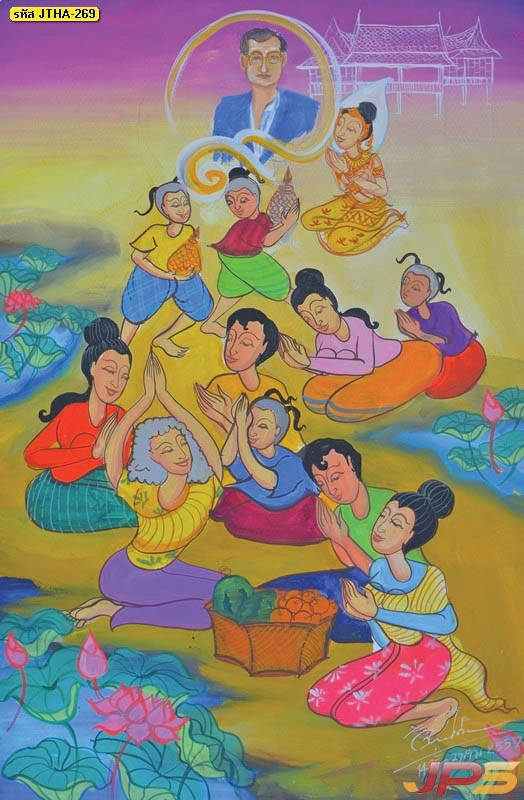 ภาพพิมพ์ศิลปะไทยพื้นบ้านร่วมสมัยลายเส้นจิตรกรไทยถ่ายทอดความจงรักภักดีและวิถีชาวบ้านติดผนังเสริมมงคลห้องพระ