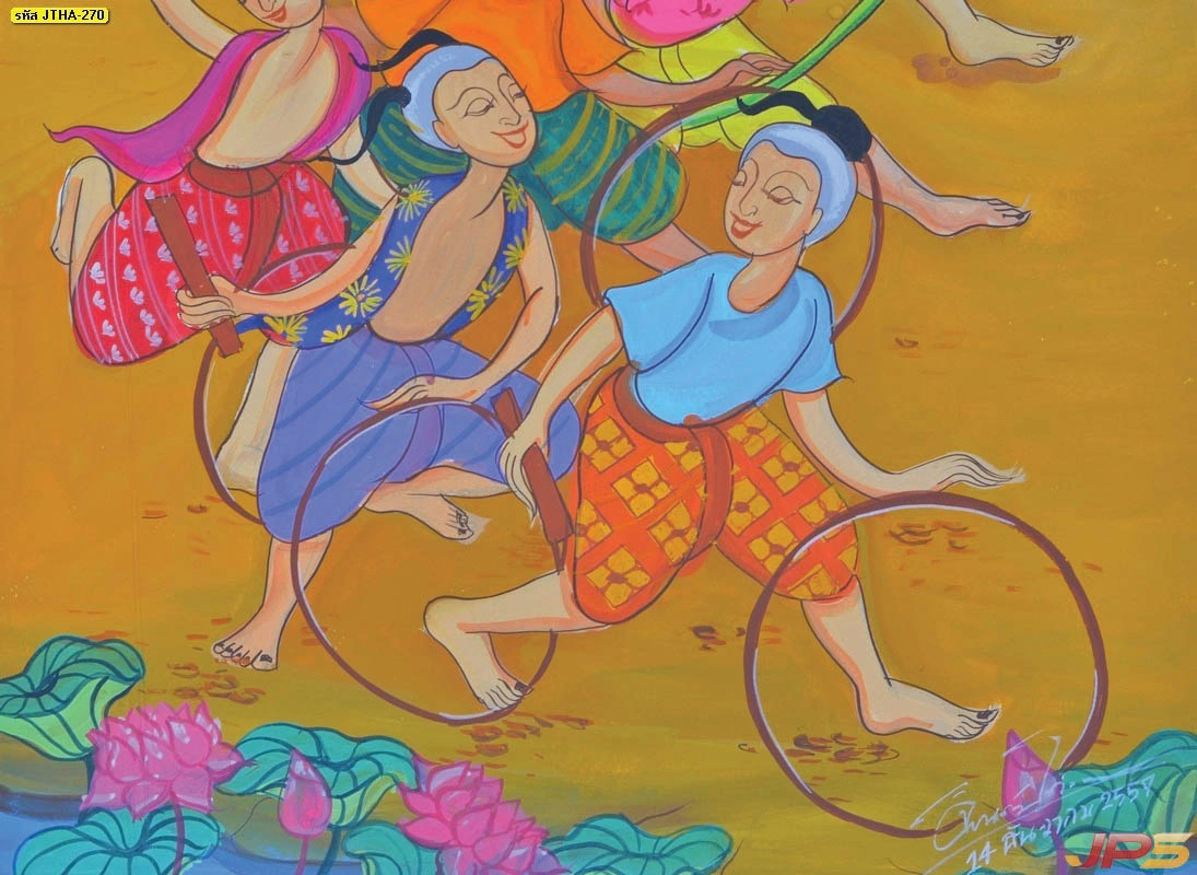 รูปวาดเด็กไทยละเล่นพื้นบ้านแนวจิตรกรรมฝาผนังภาพการละเล่นวิ่งข้ามห่วงสีสันสดใสเหมาะสำหรับตกแต่งห้องเด็กและห้องนั่งเล่น