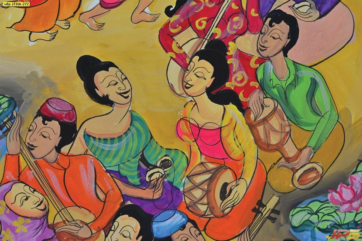 ภาพพิมพ์ศิลปะไทยพื้นบ้านร่วมสมัยรูปวงดนตรีไทยและนางรำสะท้อนวัฒนธรรมความรื่นเริงของไทยโบราณใช้ประดับผนังบ้านสวยงาม
