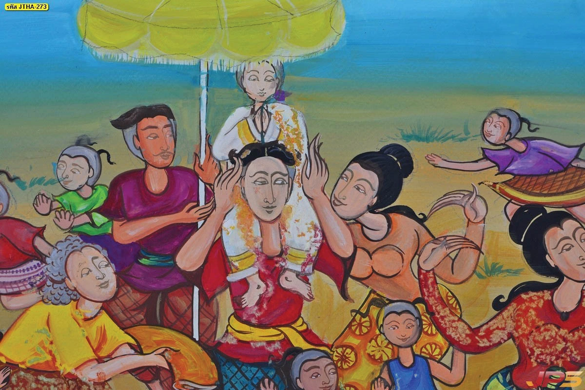 รูปภาพวิถีชีวิตไทยพื้นบ้านติดผนังเสริมมงคลภาพขบวนแห่นาคใต้ร่มสัปทนสีเหลืองทองศิลปะลายเส้นสีน้ำสวยงามอ่อนช้อย