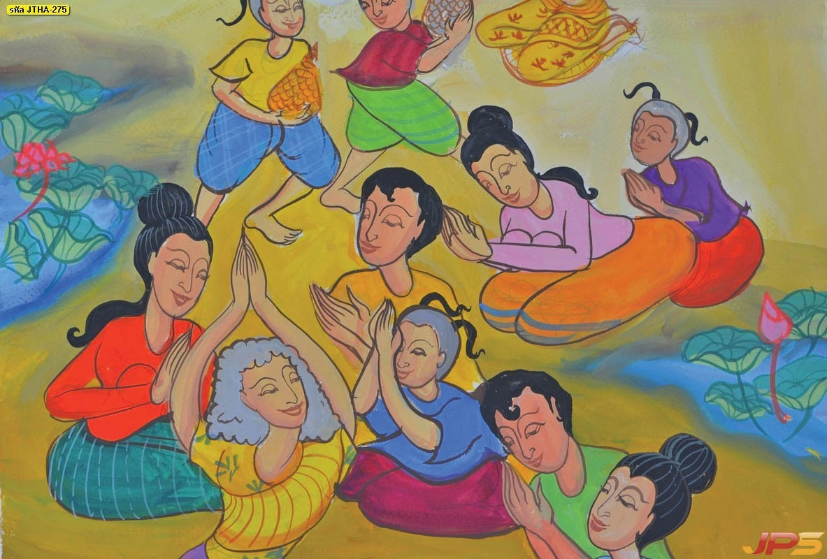 รูปภาพวิถีชีวิตไทยพื้นบ้านติดผนังเสริมมงคลภาพการพนมมือไหว้และรอยยิ้มพิมพ์ใจของคนไทยในอดีตท่ามกลางสระบัวสีสวย