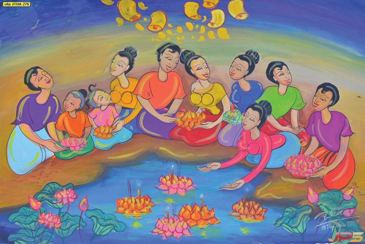 ภาพพิมพ์ศิลปะไทยพื้นบ้านร่วมสมัยประเพณีลอยกระทงและปล่อยโคมลอยริมน้ำภาพมงคลตกแต่งห้องพระยามค่ำคืนที่แสนสงบและงดงาม