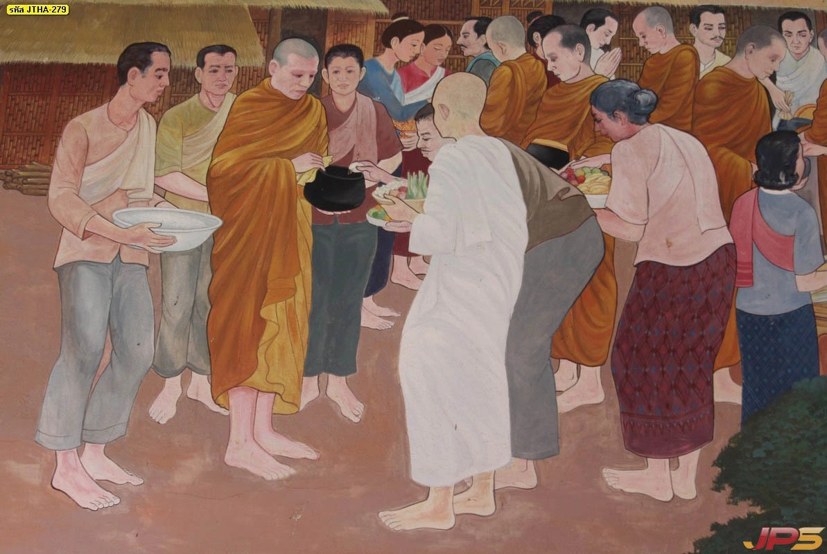 ภาพพิมพ์งานศิลปะไทยประยุกต์โทนสีซอฟต์ การตักบาตรของชาวบ้านที่มีความละเอียดอ่อนในลายเส้นเหมาะสำหรับติดตั้งเป็นวอลเปเปอร์ในห้องพระ