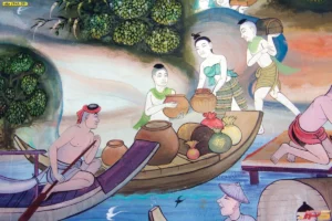 รูปวาดไทยสไตล์ย้อนยุคติดห้องรับแขกแสดงการขนย้ายสินค้าทางเรือพายในแม่น้ำสะท้อนศิลปะพื้นบ้านที่ละเอียดอ่อน