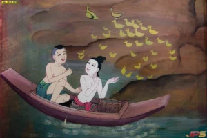 รูปติดผนังลายไทยโบราณมงคลลายหญิงชายพายเรือเล่นน้ำพร้อมฝูงเป็ดสีเหลืองสร้างความรู้สึกสดชื่นและมีชีวิตชีวา