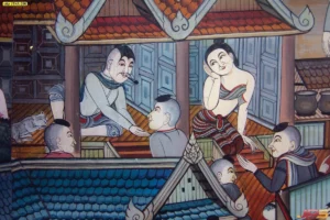 ภาพพิมพ์สไตล์ล้านนาลายวิถีไทยรูปการสนทนาบนเรือนไม้จำลองวิถีชีวิตการพักผ่อนของชาวบ้านในสมัยโบราณดูคลาสสิก
