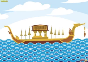 ภาพวอลเปเปอร์ลายเรือสุพรรณหงส์สไตล์กราฟิกบนพื้นน้ำสีน้ำเงินไล่เฉดสีสวยงามสำหรับตกแต่งผนังห้องรับแขกให้ดูมีพลังและเสริมบารมี