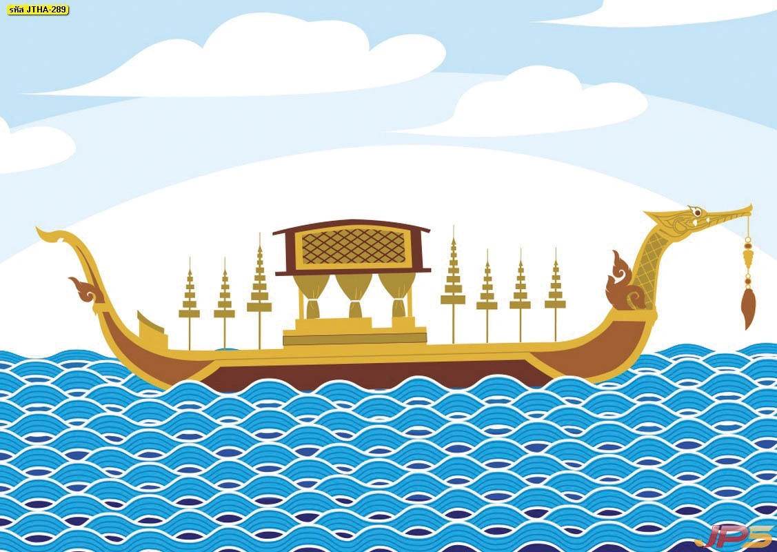 ภาพวอลเปเปอร์ลายเรือสุพรรณหงส์สไตล์กราฟิกบนพื้นน้ำสีน้ำเงินไล่เฉดสีสวยงามสำหรับตกแต่งผนังห้องรับแขกให้ดูมีพลังและเสริมบารมี