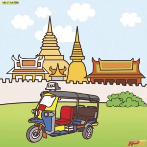 วอลเปเปอร์กราฟิกลายไทยรูปรถตุ๊กตุ๊กสีสันสดใสหน้าวัดไทยโบราณช่วยเพิ่มลูกเล่นและความสนุกสนานให้กับการตกแต่งผนังบ้านและคอนโดสมัยใหม่
