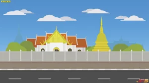 วอลเปเปอร์ลายไทยภาพกราฟิกวัดไทยสีสันสดใสมีเจดีย์สีทองและท้องฟ้าสีครามสวยงามช่วยสร้างบรรยากาศสงบและเป็นมงคลให้กับห้องพระในบ้านของคุณ