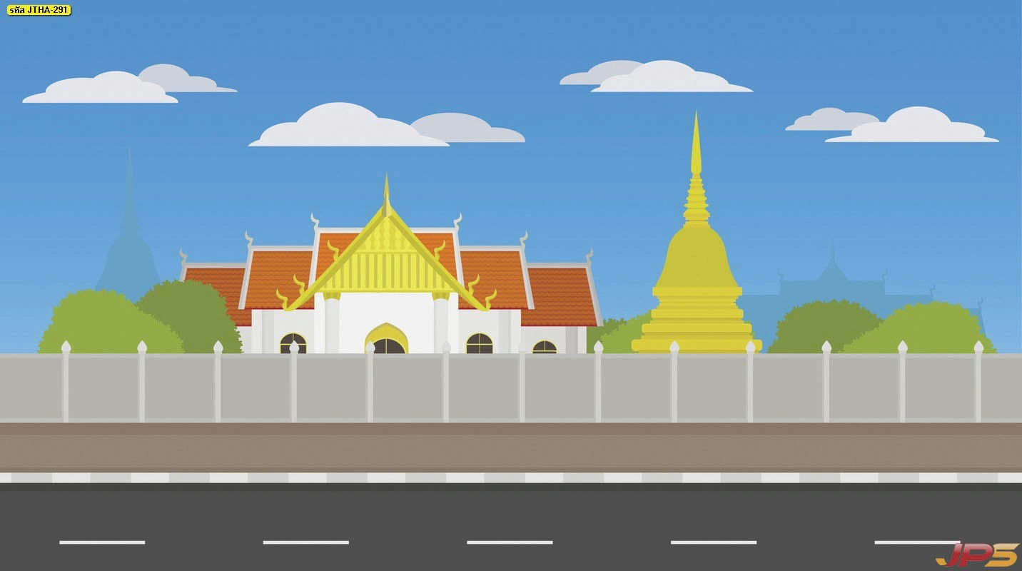 วอลเปเปอร์ลายไทยภาพกราฟิกวัดไทยสีสันสดใสมีเจดีย์สีทองและท้องฟ้าสีครามสวยงามช่วยสร้างบรรยากาศสงบและเป็นมงคลให้กับห้องพระในบ้านของคุณ