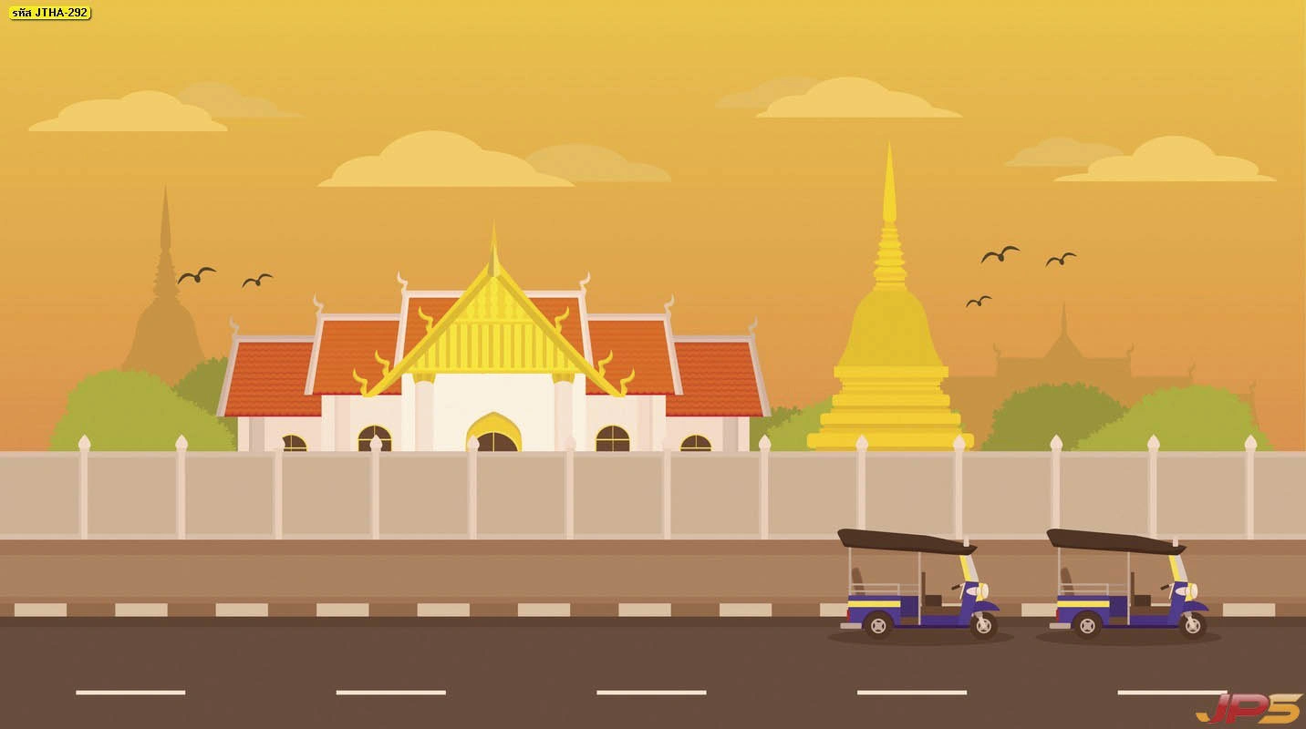 ภาพศิลปะไทยร่วมสมัยลายวัดไทยยามเย็นสีส้มทองพร้อมรถตุ๊กตุ๊กเพิ่มความทันสมัยและเอกลักษณ์ไทยใช้ตกแต่งผนังห้องรับแขกให้ดูโดดเด่นสะดุดตา