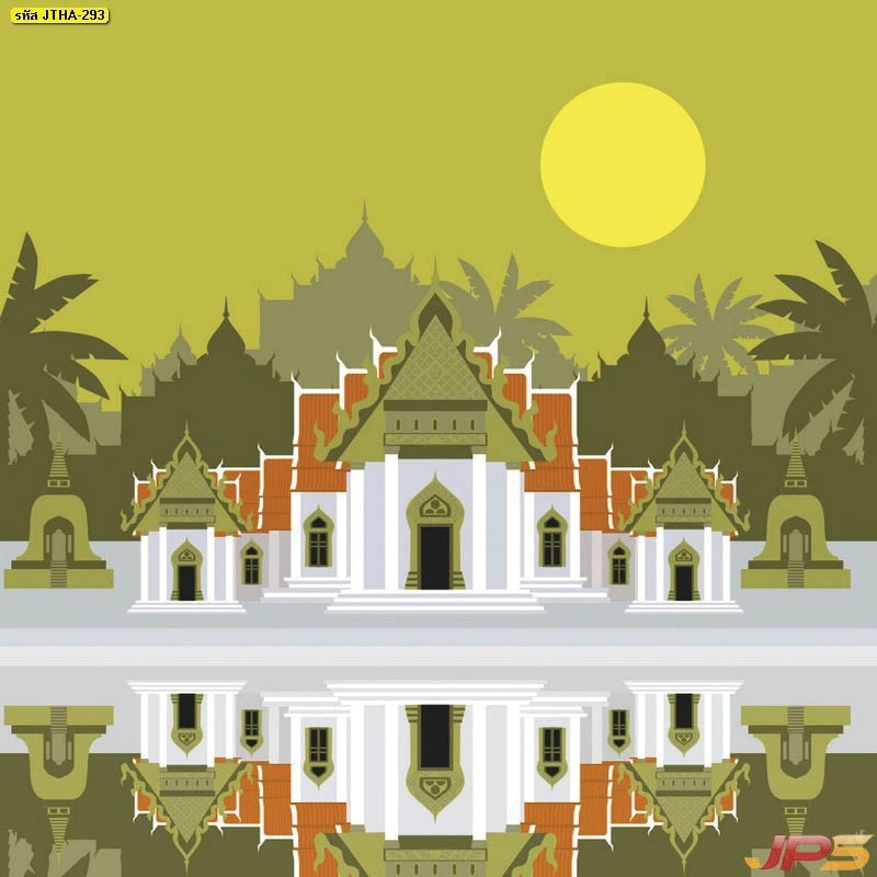 ภาพศิลปะไทยร่วมสมัยสำหรับตกแต่งภายในลายวัดไทยสะท้อนน้ำใต้แสงจันทร์เต็มดวงให้ความรู้สึกสงบและร่มเย็นเป็นสุขเหมาะกับผนังห้องสมาธิ