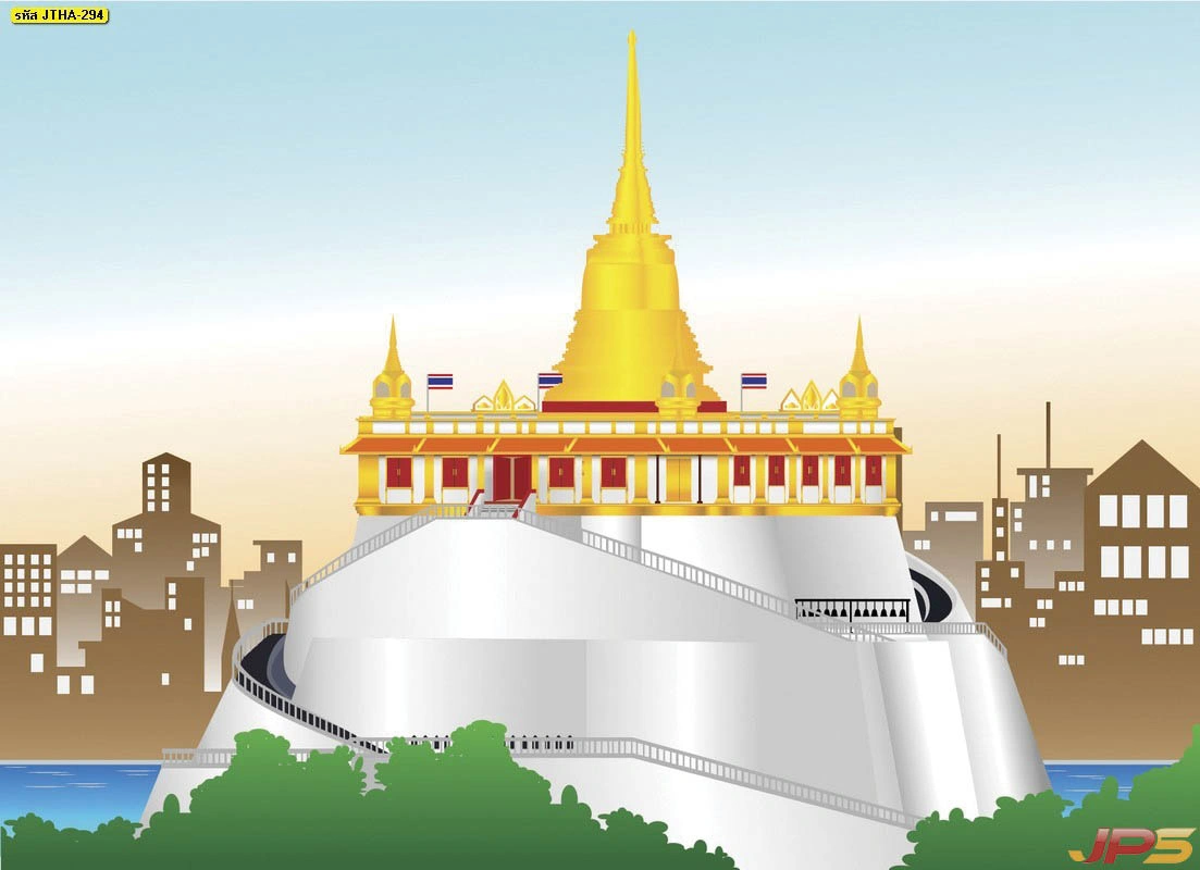 วอลเปเปอร์กราฟิกรูปวัดภูเขาทองสีทองอร่ามท่ามกลางวิวเมืองสมัยใหม่ช่วยสร้างความสมดุลระหว่างความเชื่อดั้งเดิมและวิถีชีวิตคนเมืองยุคใหม่